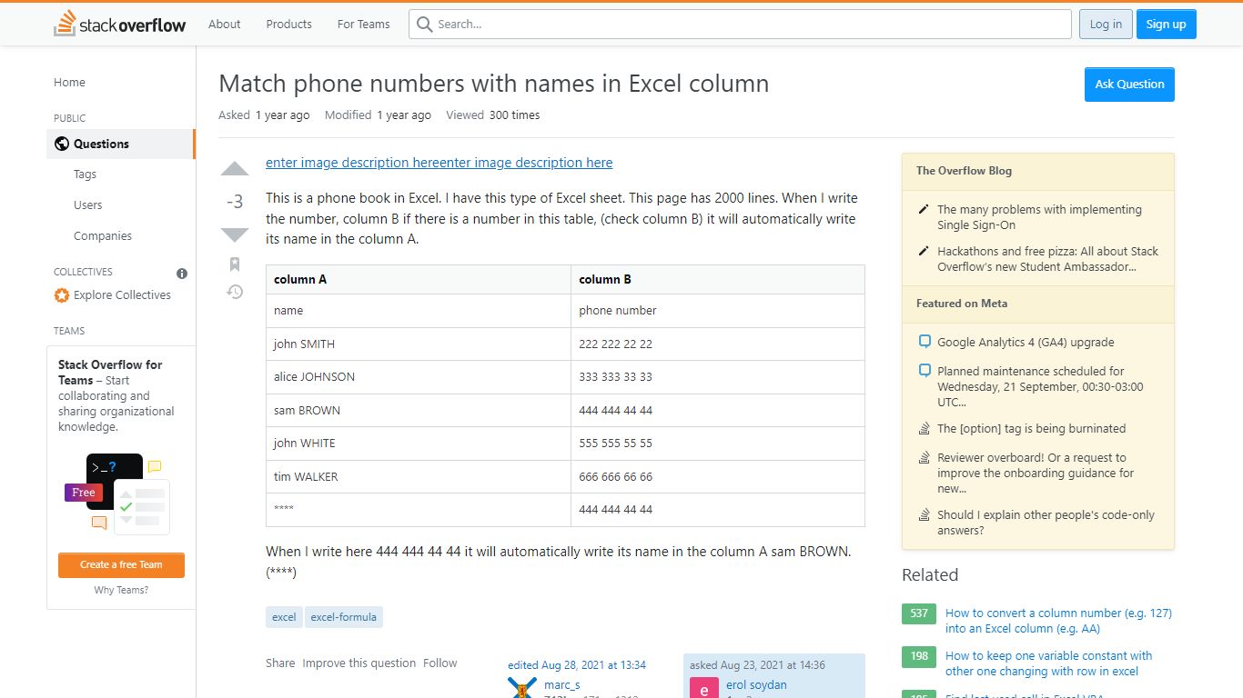 Match phone numbers with names in Excel column - Stack Overflow